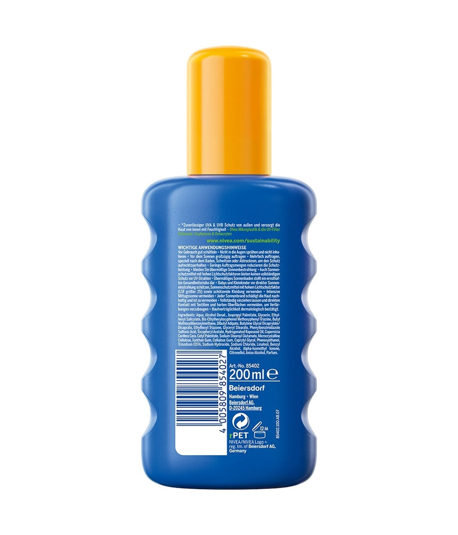 Blau-gelbe Sonnencreme-Flasche mit Text, 200ml, Beiersdorf, UVA/UVB-Schutz, Hautpflege