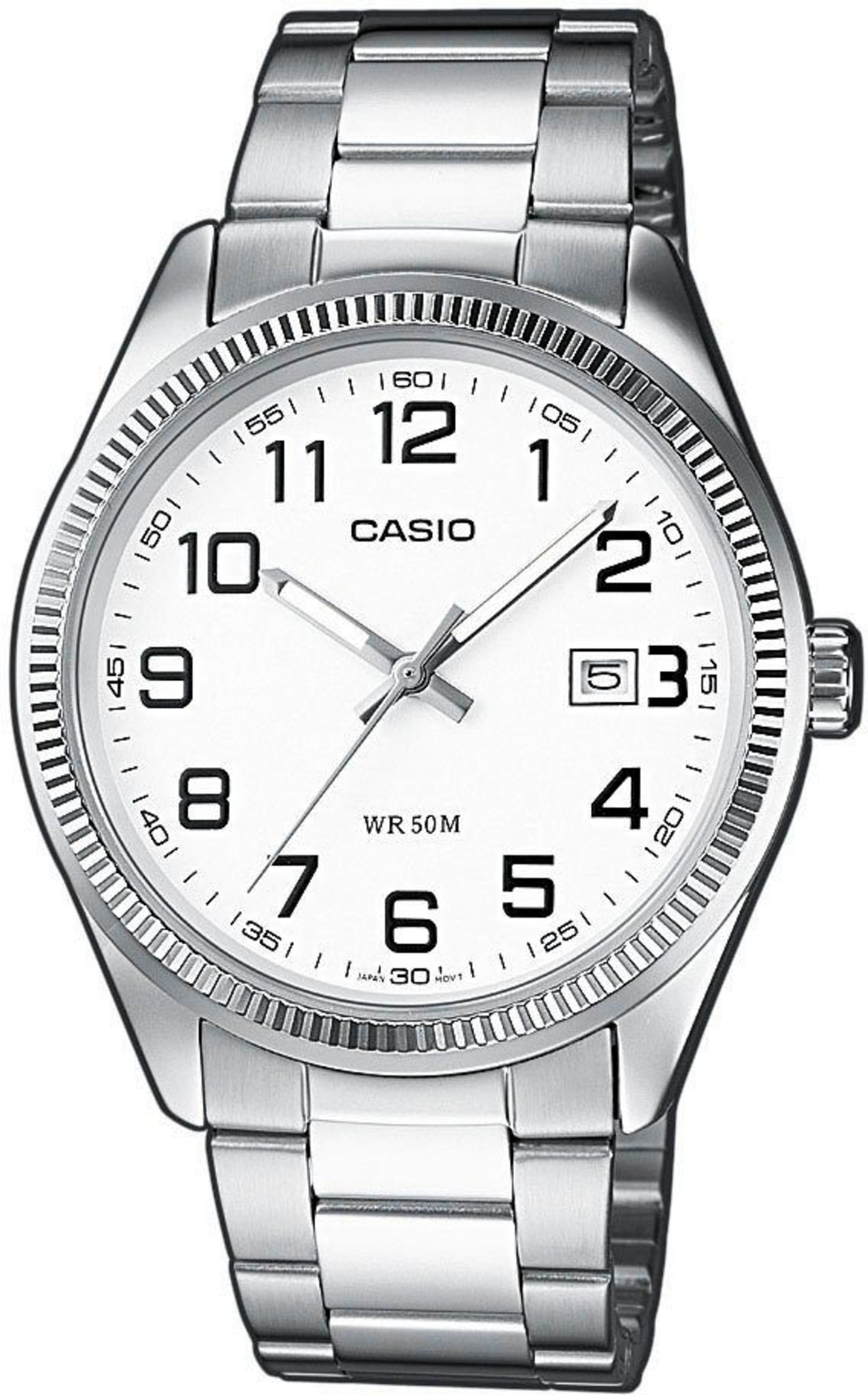 Casio-Uhr mit weißem Zifferblatt, silbernem Armband und Datumsanzeige.