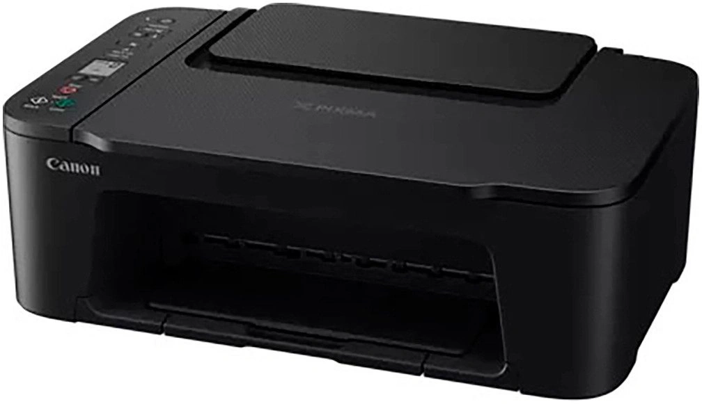 Schwarzer Canon Drucker mit Bedienfeld und Papierausgabefach
