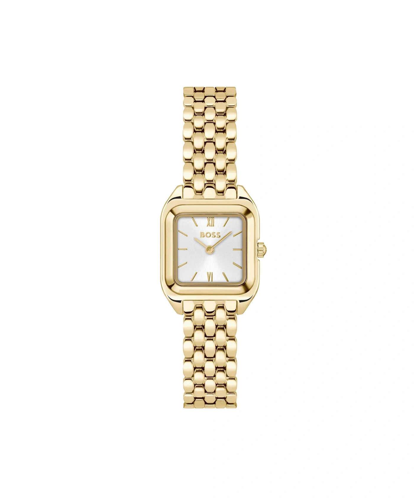 Eine elegante, goldene Damenuhr mit einem rechteckigen Gehäuse und einem weißen Zifferblatt.