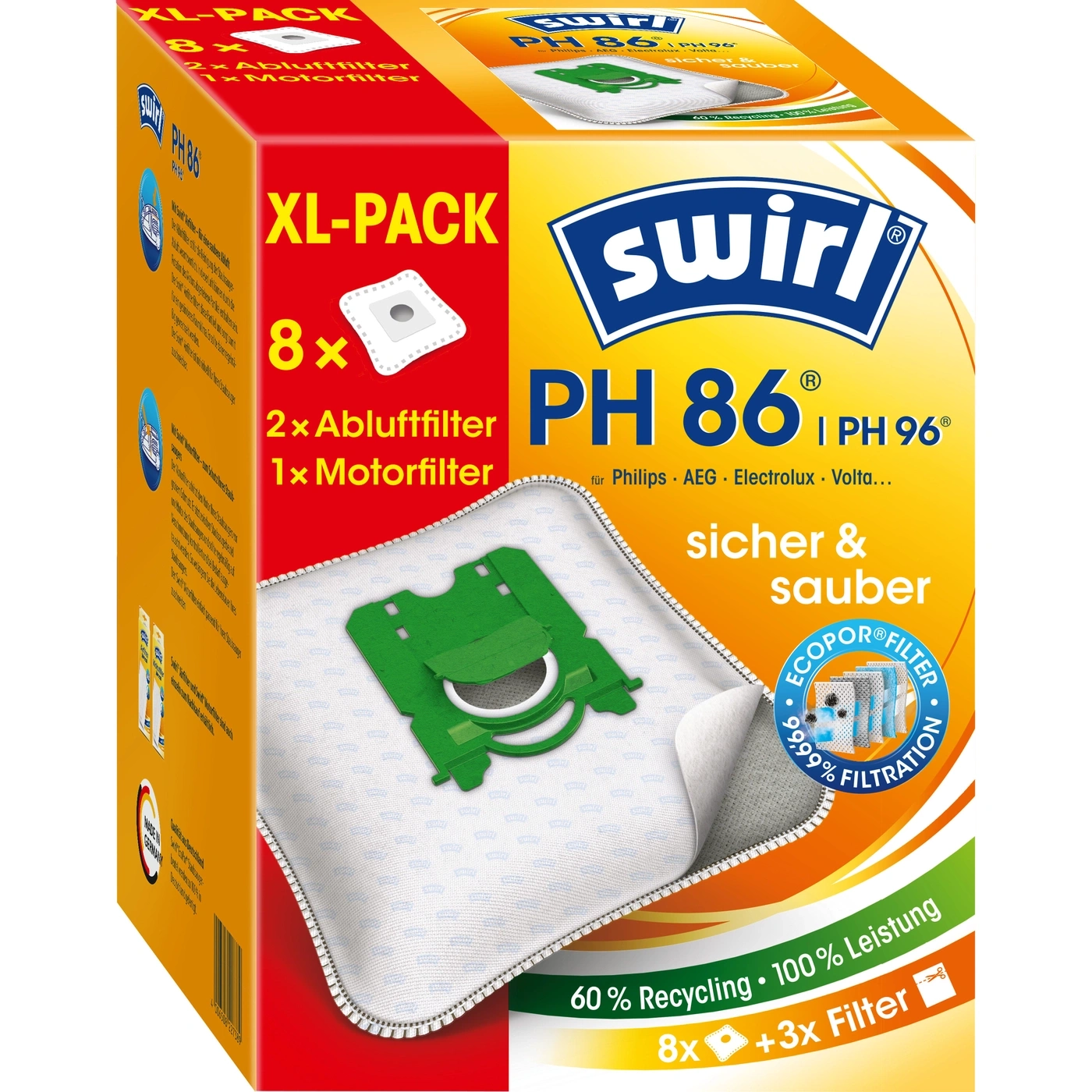 Swirl PH 86/96 Staubsaugerbeutel XL-Packung mit 8 Beuteln und Filtern