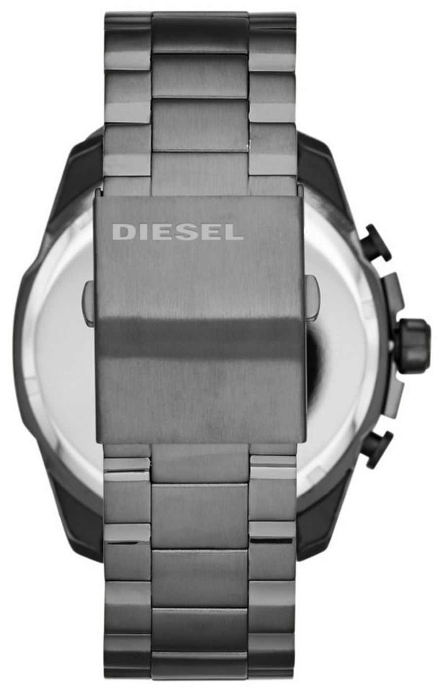 Nahaufnahme einer Diesel-Uhr mit Metallarmband und Diesel-Logo