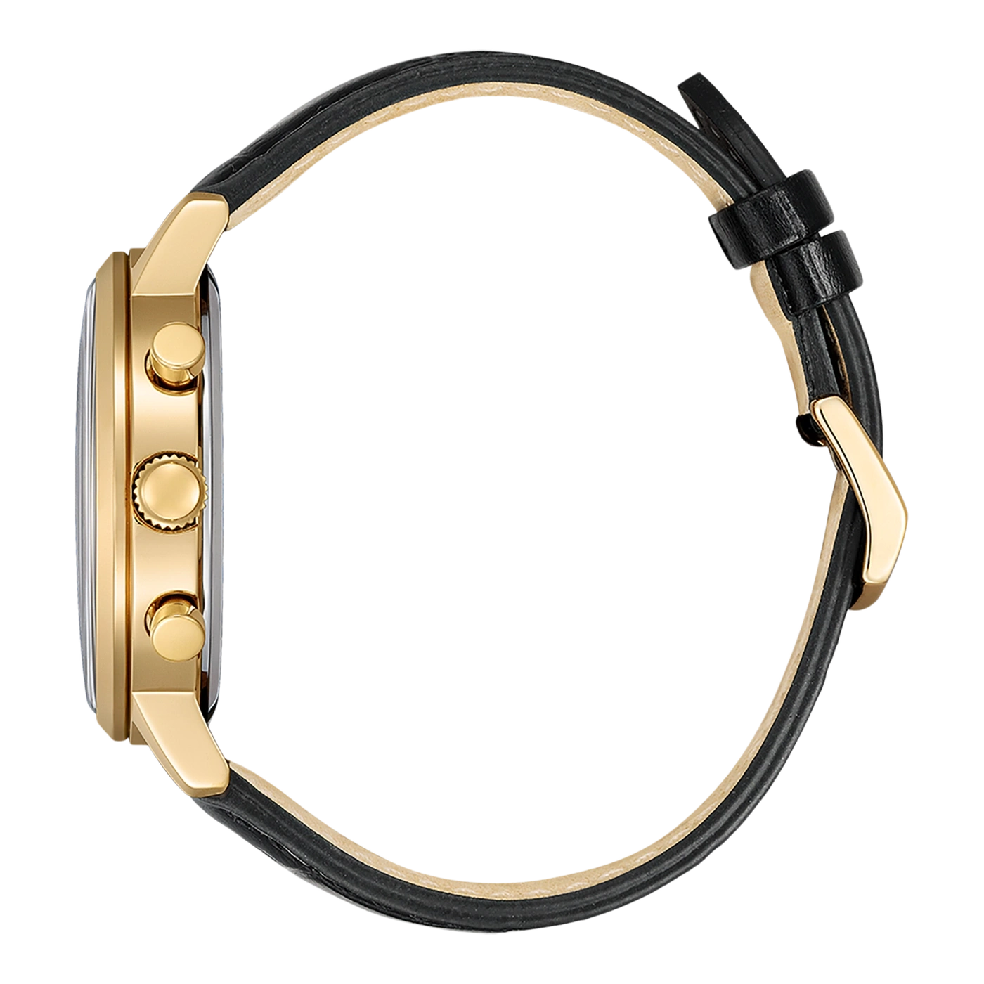 Goldene Uhr mit schwarzem Lederarmband, Nahaufnahme, Detailaufnahme, elegant