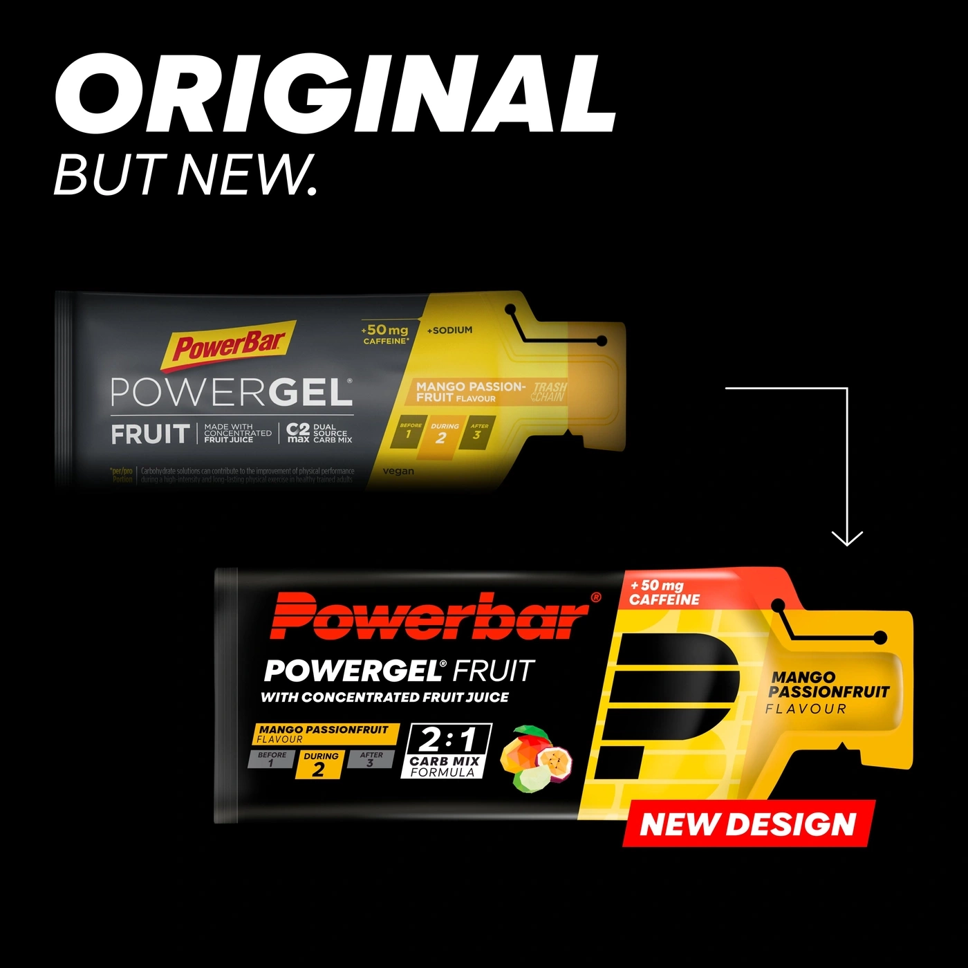 Powerbar Powergel Fruit Mango Passionfruit Geschmack im alten und neuen Design.