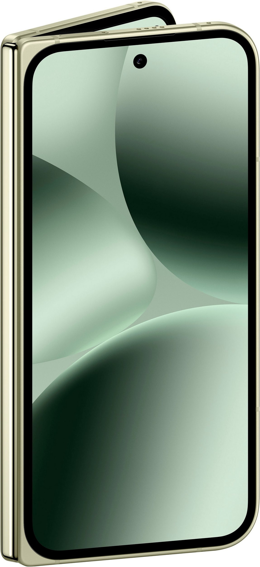 Ein offenes, schlankes Smartphone mit grünem Hintergrund.