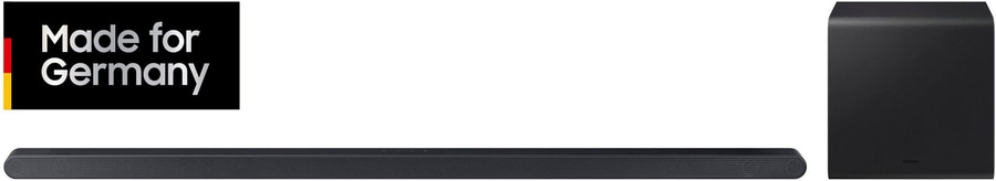 Schwarz Made for Germany Logo neben Samsung Soundbar und Subwoofer