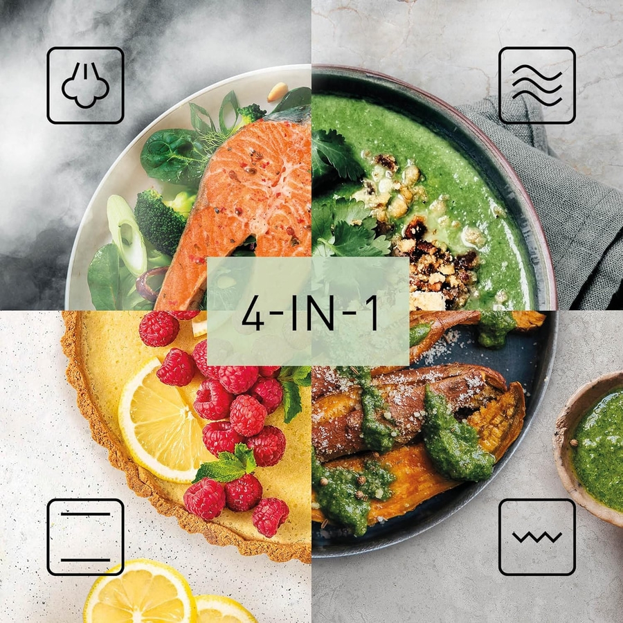 4-in-1-Gerät: Dampf, Mikrowelle, Backofen, Grill. Gerichte: Lachs, Suppe, Tarte, Süßkartoffeln.