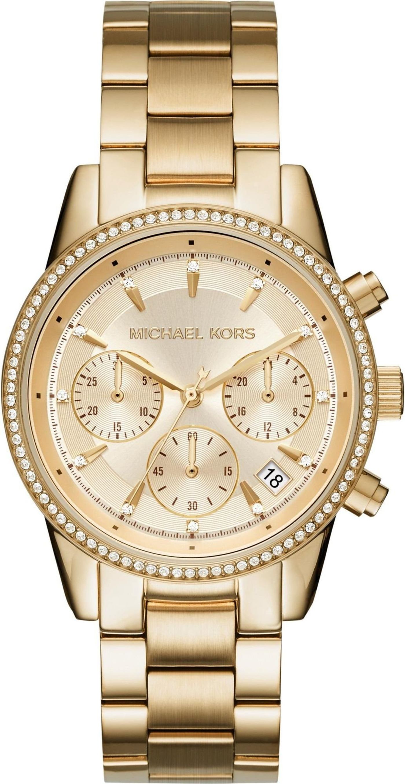 goldene Michael Kors Uhr mit Datumsanzeige und funkelndem Rand