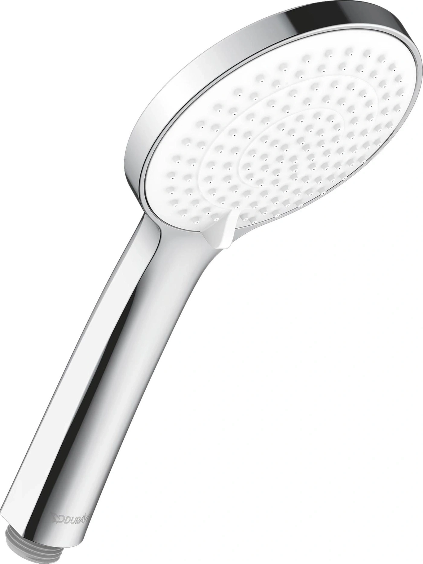 Chrom-Duschkopf, weißer Kopf, glänzender Griff, Badezimmer-Accessoire, Nahaufnahme