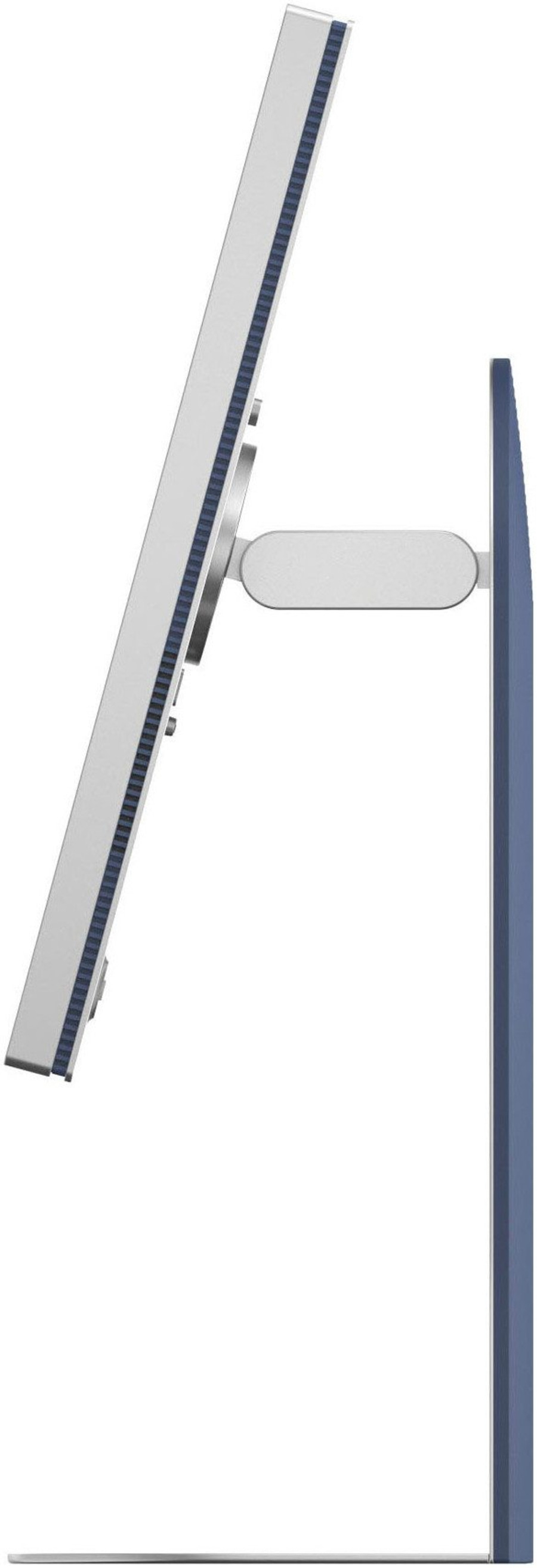 Ein seitlicher Blick auf einen Monitor mit blauem Standfuß