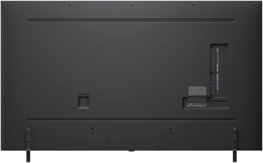 Rückseite eines schwarzen Fernsehers mit Anschlüssen und Standfüßen
