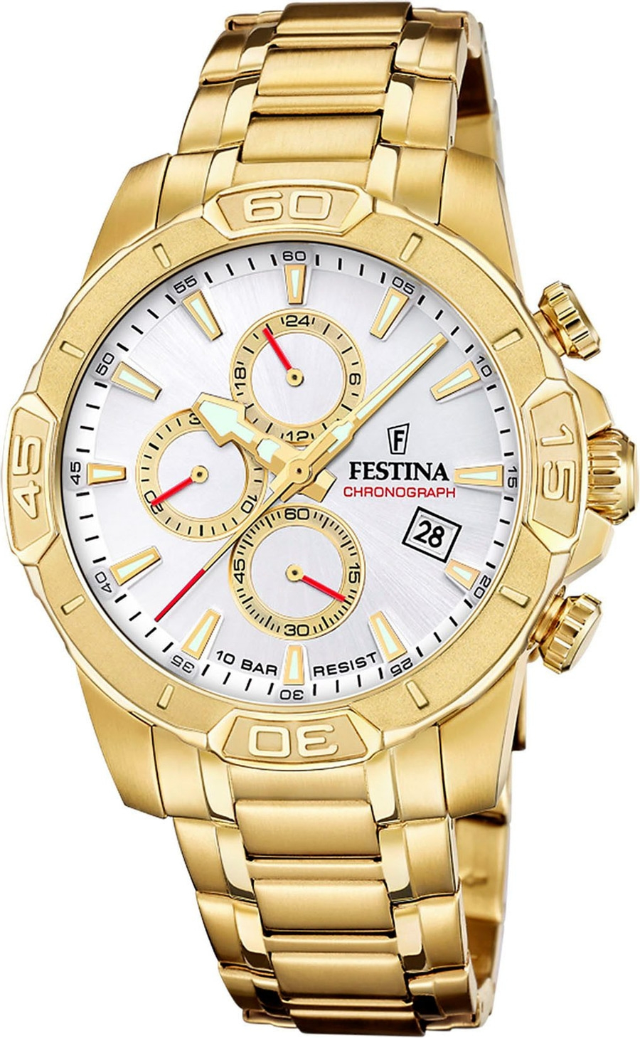 Goldene Festina Chronograph Herrenuhr mit weißem Zifferblatt und Datumsanzeige