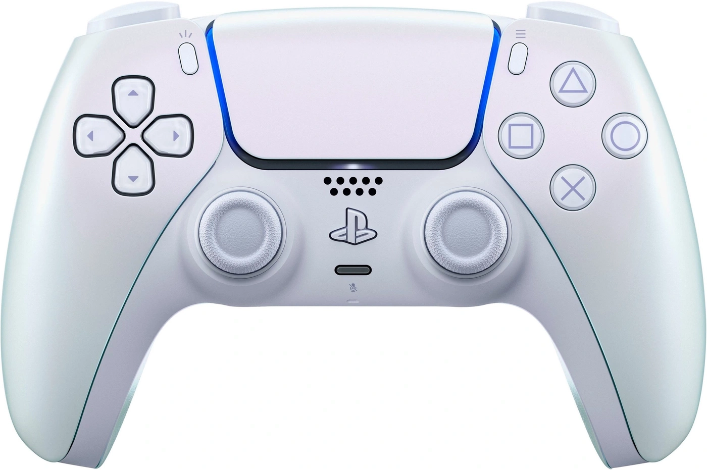 Weißer Playstation 5 Controller mit blauen Akzenten und Symbolen für Gaming-Enthusiasten.