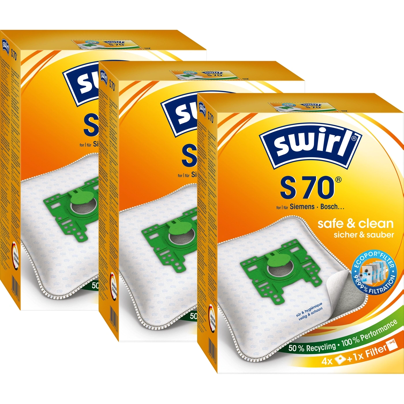 Swirl S70 Staubsaugerbeutel, 3er Pack, sicher und sauber, 50% Recycling, 100% Leistung