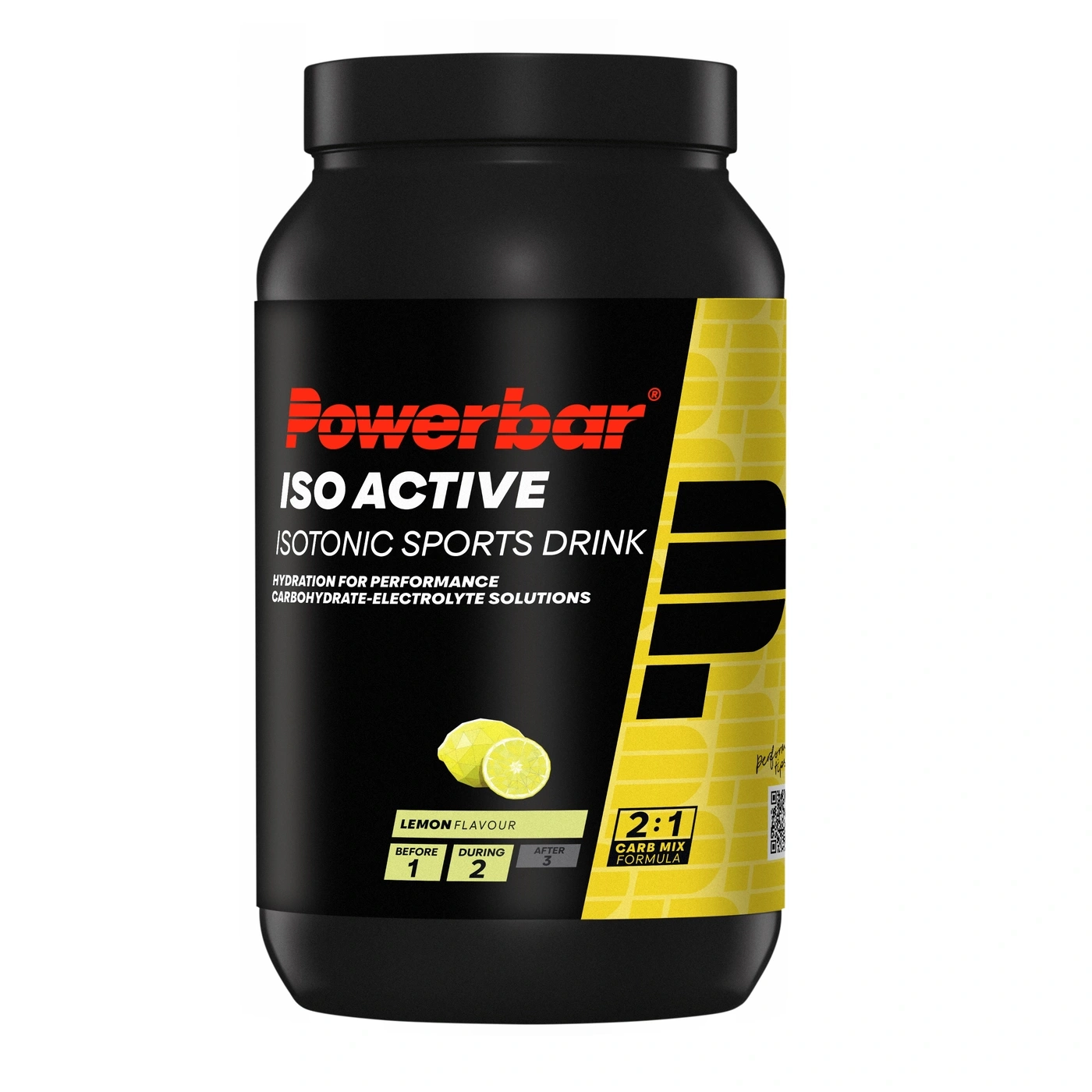 Powerbar ISO ACTIVE isotonisches Sportgetränkepulver mit Zitronengeschmack in schwarzer Dose