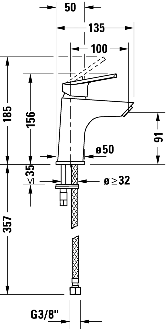 Wasserhahn mit Maßen: 185, 156, 35, 50, 135, 100, 91, 357, Ø50, Ø≥32, G3/8"