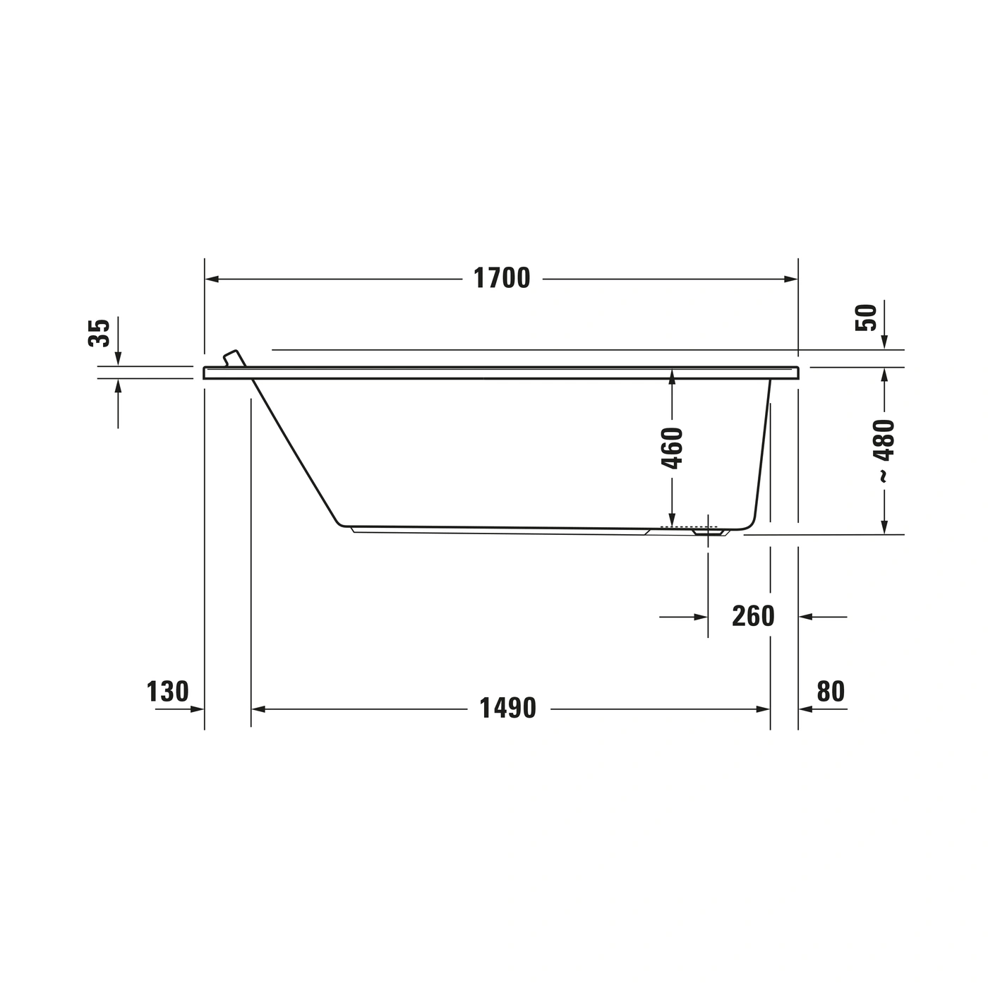Badewanne mit Maßen: 1700mm lang, 480mm hoch, 1490mm breit, 35mm tief, 260mm breit.