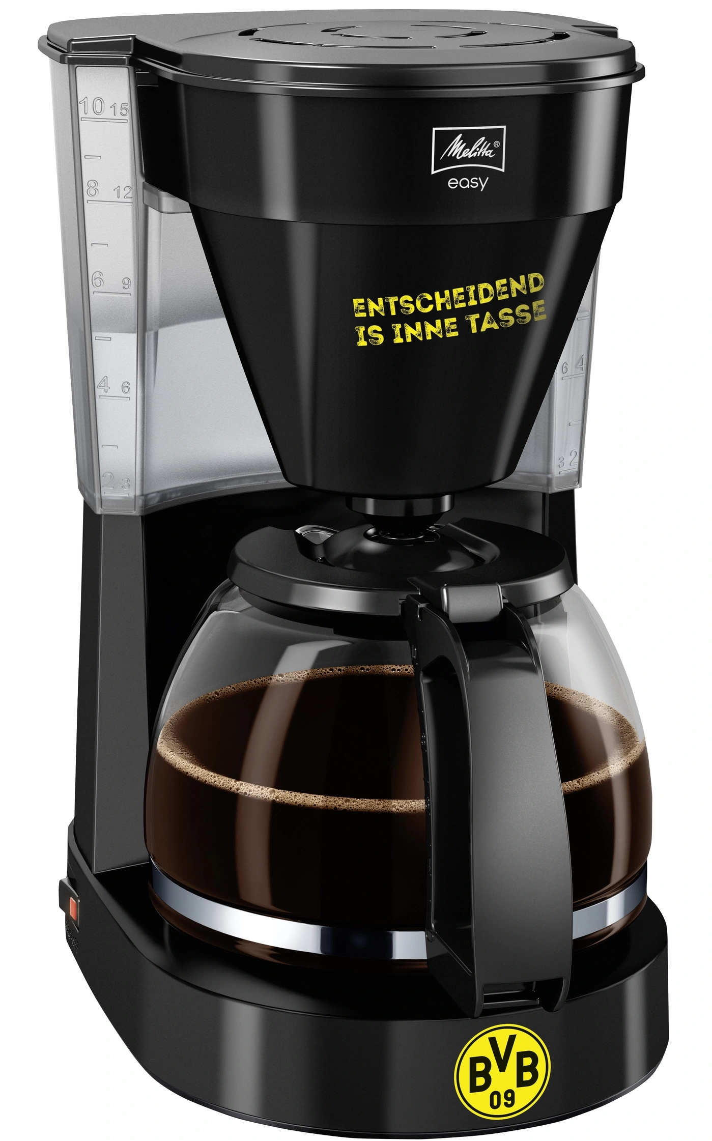 Kaffeemaschine mit BVB-Logo, Melitta easy, gelbe Schrift, Kaffee, schwarz