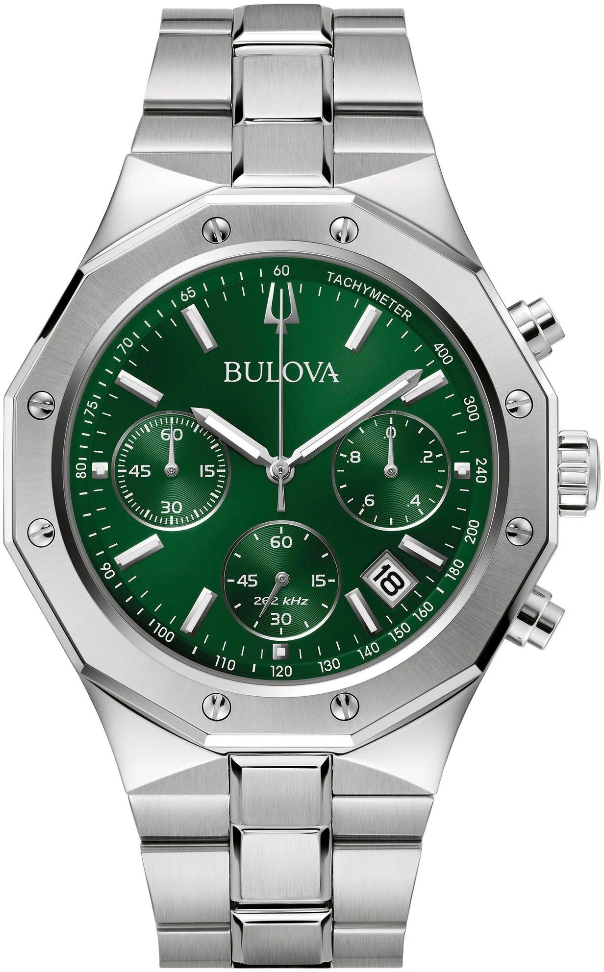 Bulova-Uhr mit grünem Zifferblatt, Tachymeter und Datumsanzeige, Edelstahlarmband