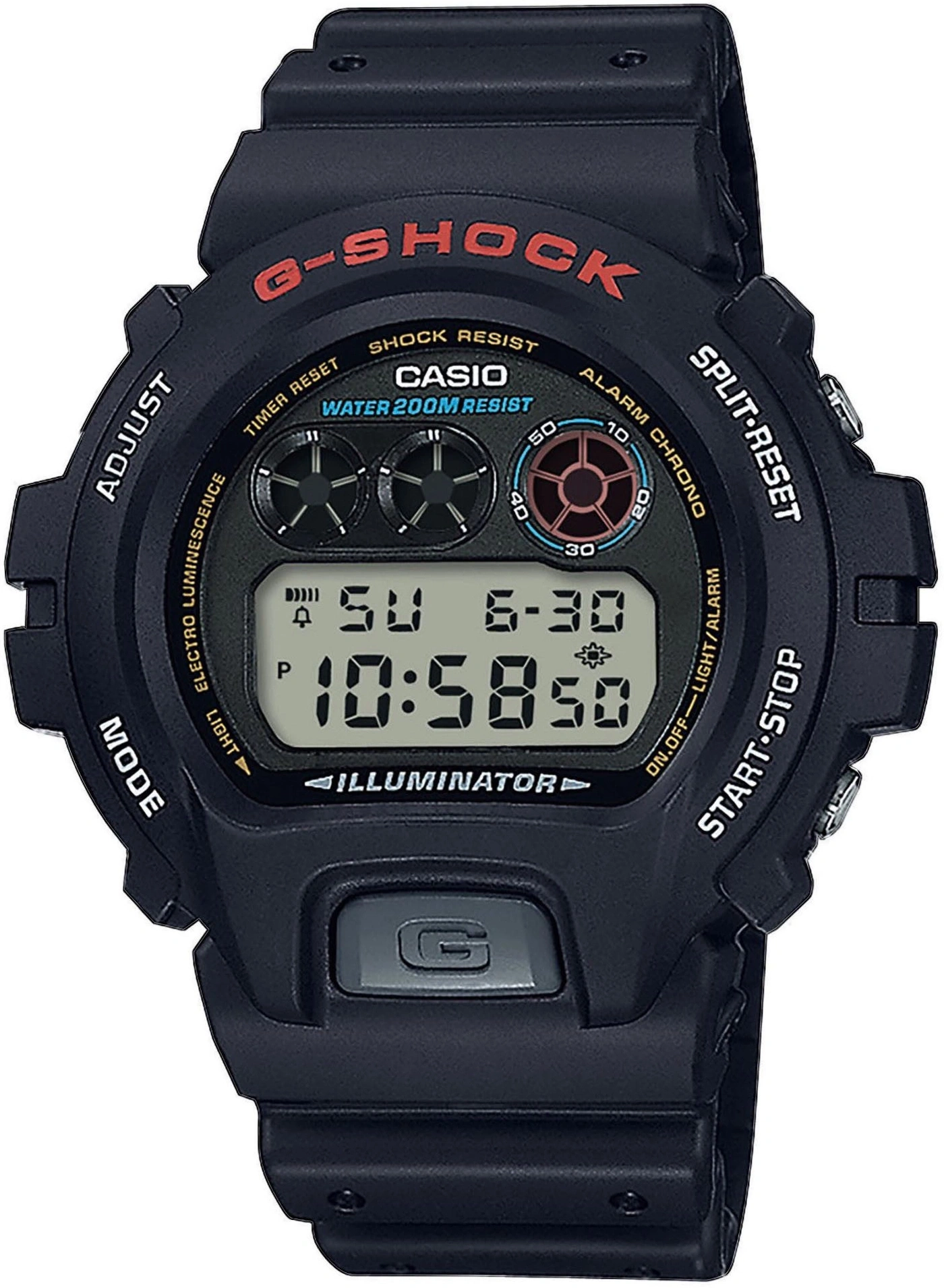 Schwarze Casio G-Shock Uhr mit digitalem Display und roten Akzenten