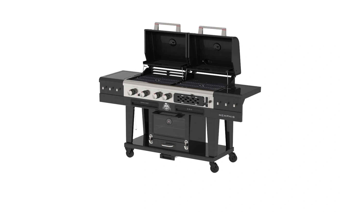Ein schwarzer Grill mit zwei offenen Hauben und silbernen Griffen.