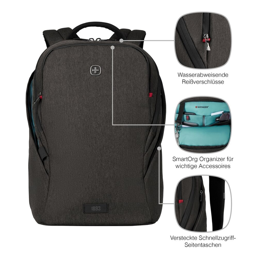 Schwarzer Rucksack mit wasserabweisenden Reißverschlüssen und Organizer.