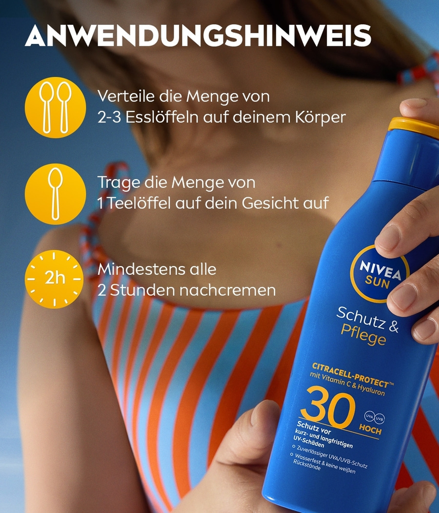 Anwendungshinweis für Sonnenschutzmittel: Körper, Gesicht, Nachcremen alle 2 Stunden.