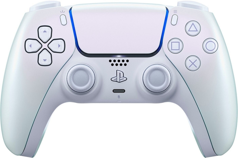 Ein weißer PlayStation 5 Controller mit blauen Akzenten und allen Knöpfen.