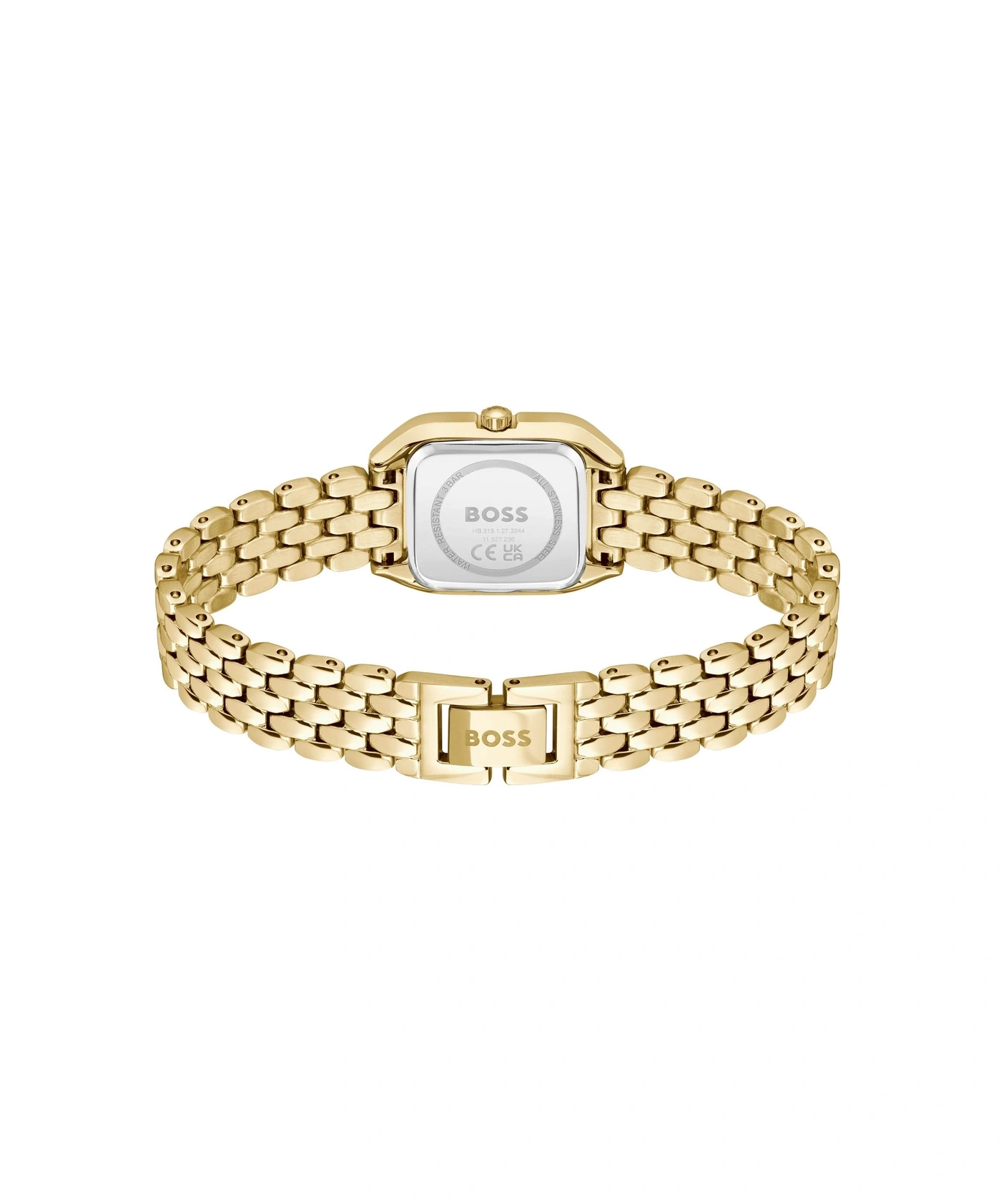 Goldene BOSS-Uhr mit silbernem Gehäuseboden und schwarzer Schrift.