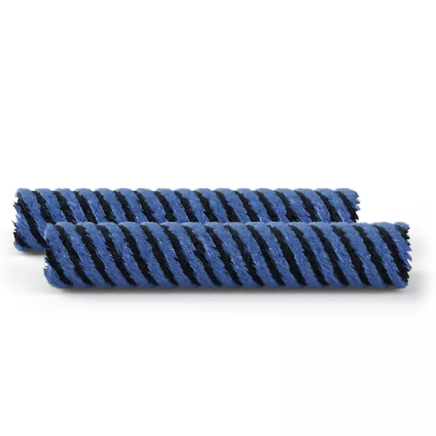 Zwei blaue und schwarze Walzen, die nebeneinander liegen, für eine Reinigungsmaschine.