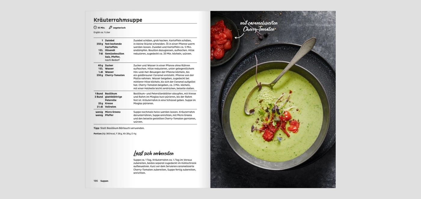 Grüne Kräutersuppe mit karamellisierten Cherry-Tomaten und Kräutern.