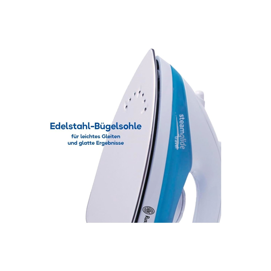 Edelstahl-Bügelsohle für leichtes Gleiten und glatte Ergebnisse. Steamglide travel.
