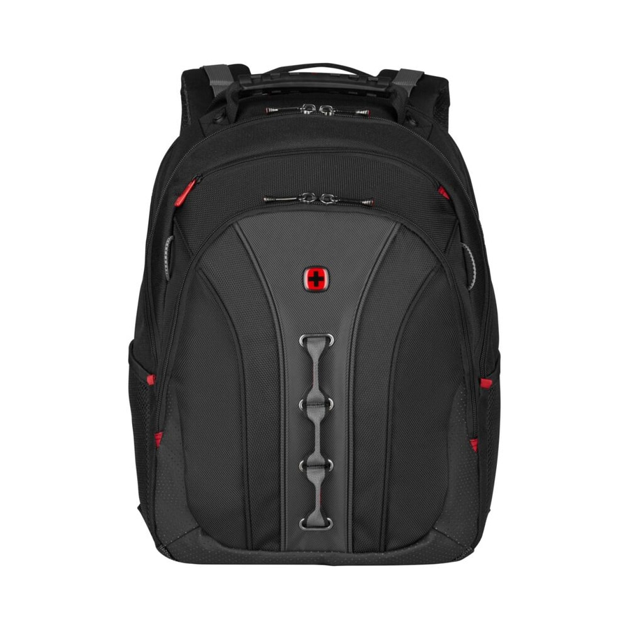 Schwarzer Rucksack mit rotem Akzent und Schweizer Kreuz-Logo