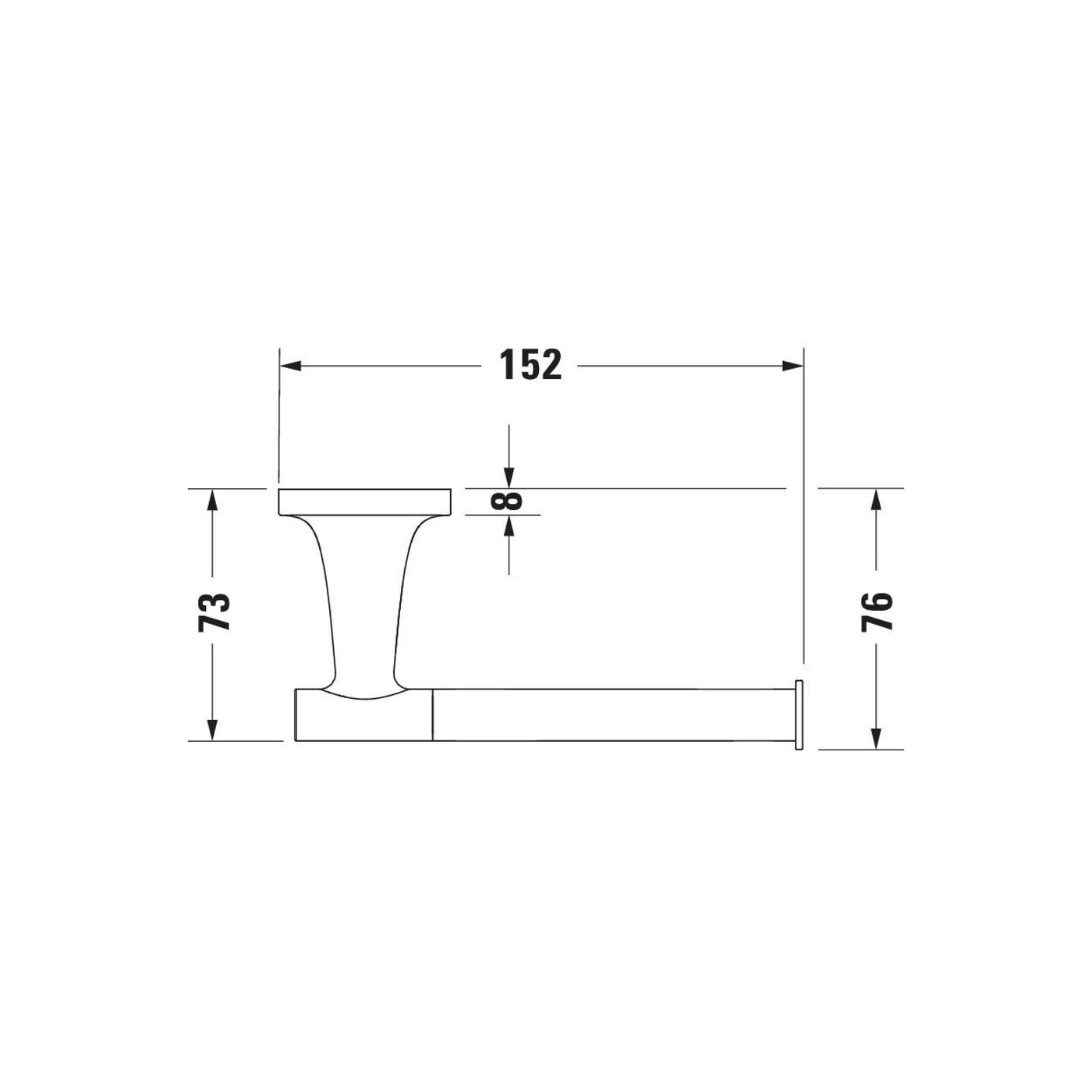 Technische Zeichnung eines Toilettenpapierhalters mit Maßen 152, 73, 76 und 8.