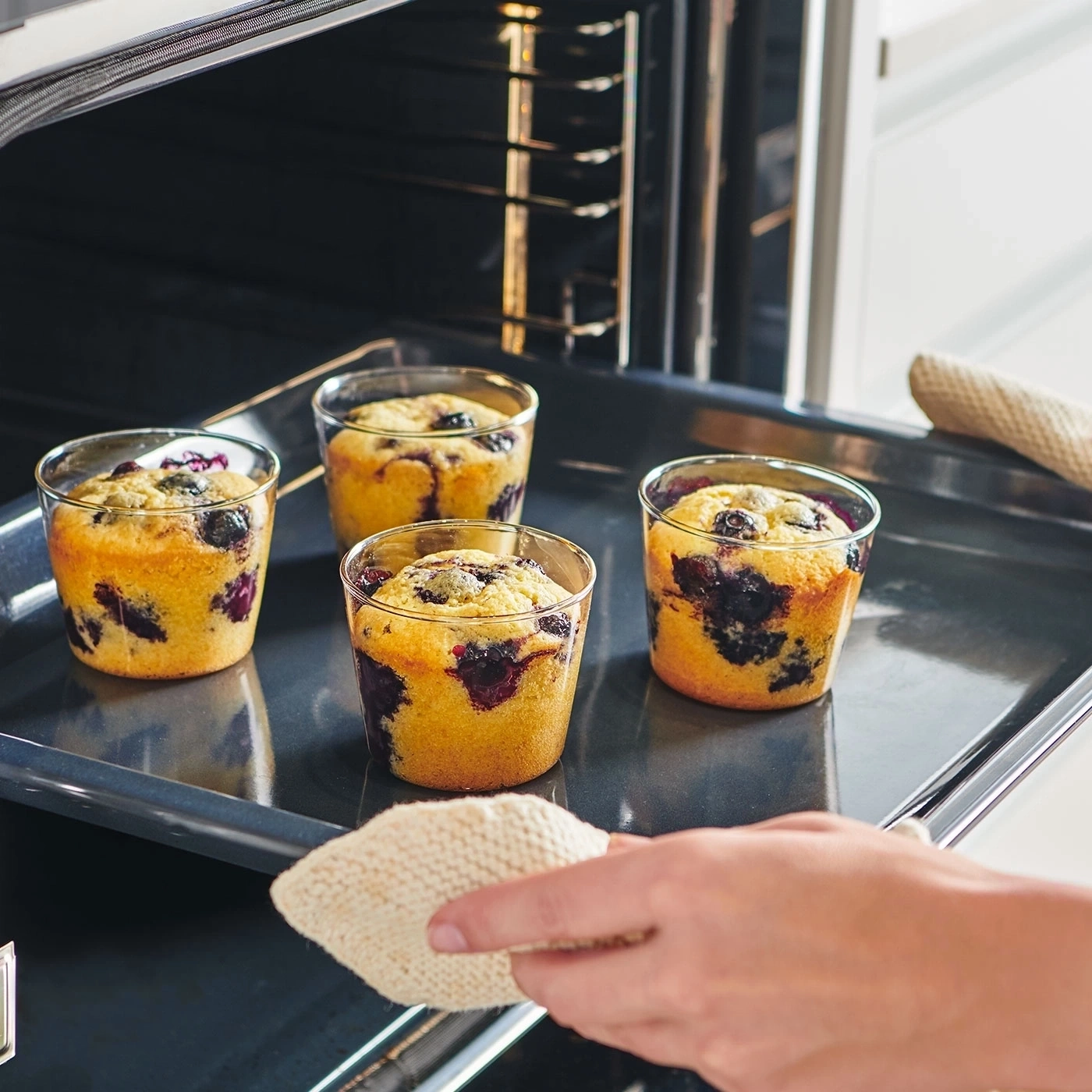 Blaubeermuffins in Gläsern im Ofen, Backen, Hand mit Topflappen