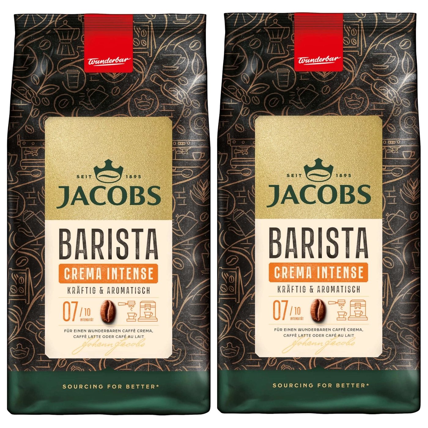 Zwei Jacobs Barista Crema Intense Kaffeepackungen mit rotem Logo und Text.