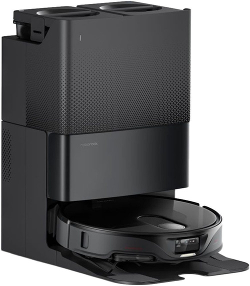 Schwarzer Roboter-Staubsauger mit Ladestation, Roborock-Logo, modernes Design