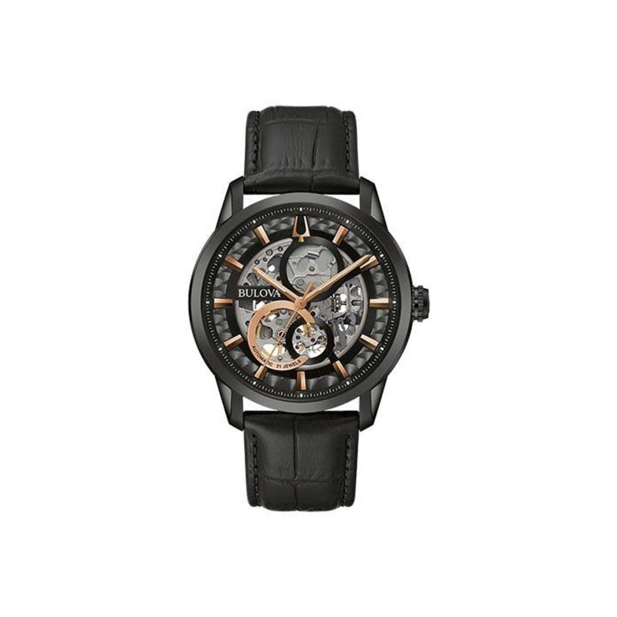Schwarze Bulova-Uhr mit Lederarmband und skelettiertem Zifferblatt