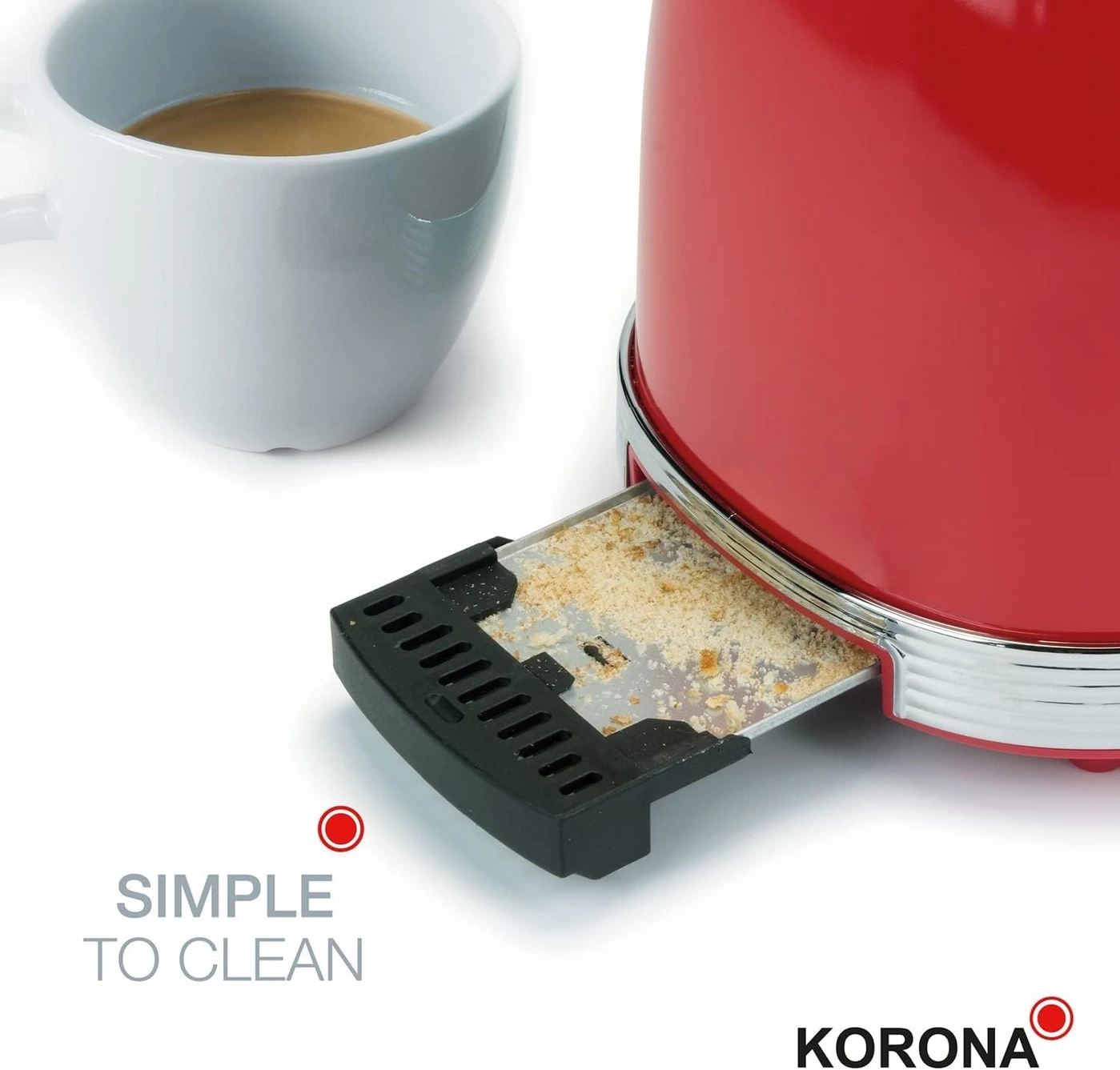 Roter Toaster mit Krümelauffangschale und Kaffeetasse, einfach zu reinigen.