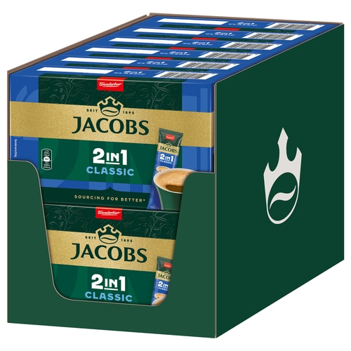 Jacobs 2in1 Classic Kaffee-Box, grün, gold, blau, mit Logo, Packung, Getränk, Kaffee