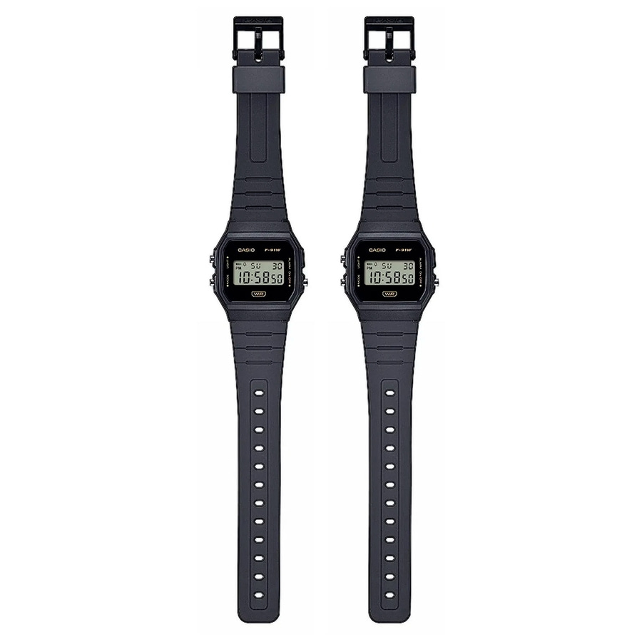Zwei schwarze Casio F-91W Uhren nebeneinander mit digitaler Anzeige.