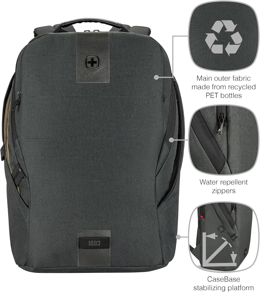 Rucksack mit recyceltem Stoff, wasserabweisenden Reißverschlüssen und stabilisierender Plattform.
