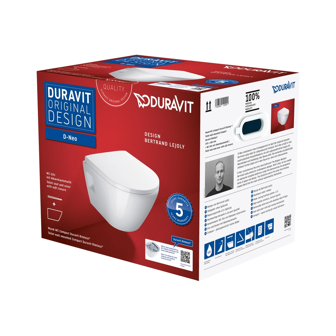 DURAVIT D-Neo WC-Sitz mit Absenkautomatik, Wand-WC Compact Duravit Rimless, 5 Jahre Garantie