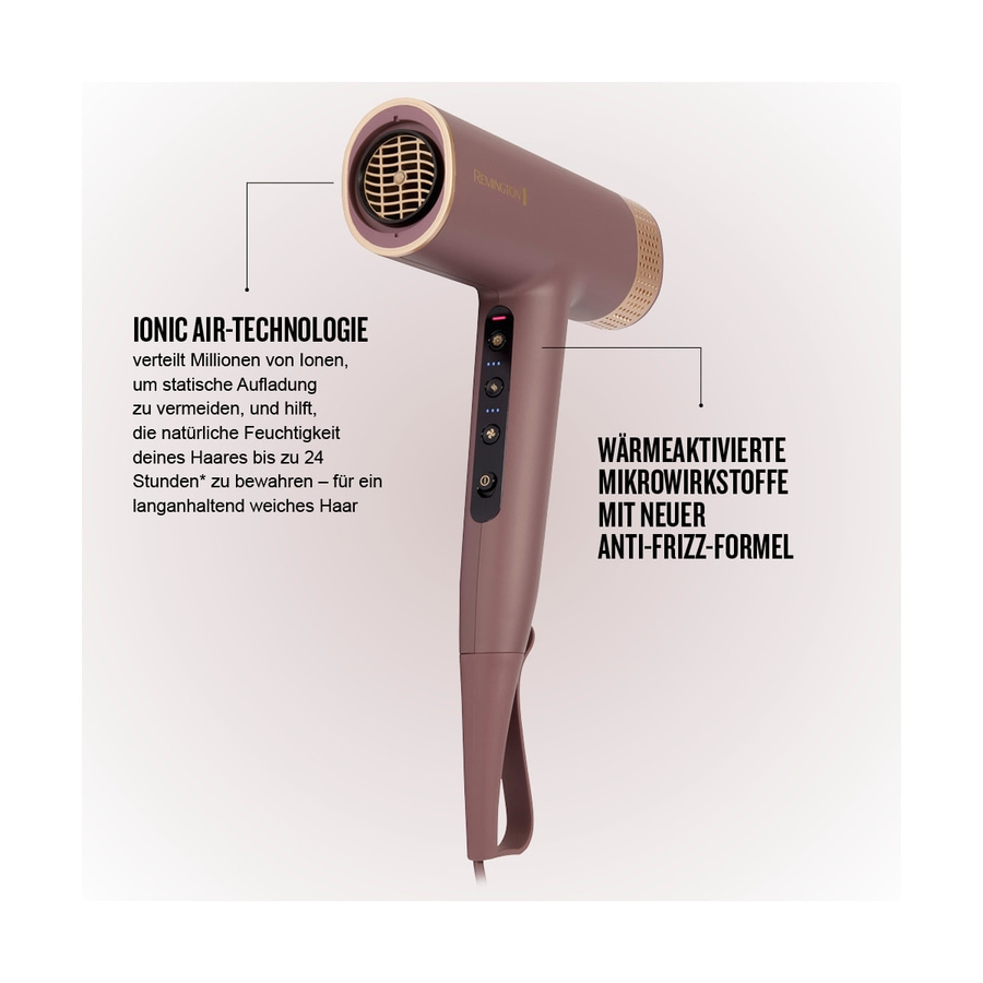 Haartrockner mit Ionic Air-Technologie und Anti-Frizz-Formel für weiches Haar.