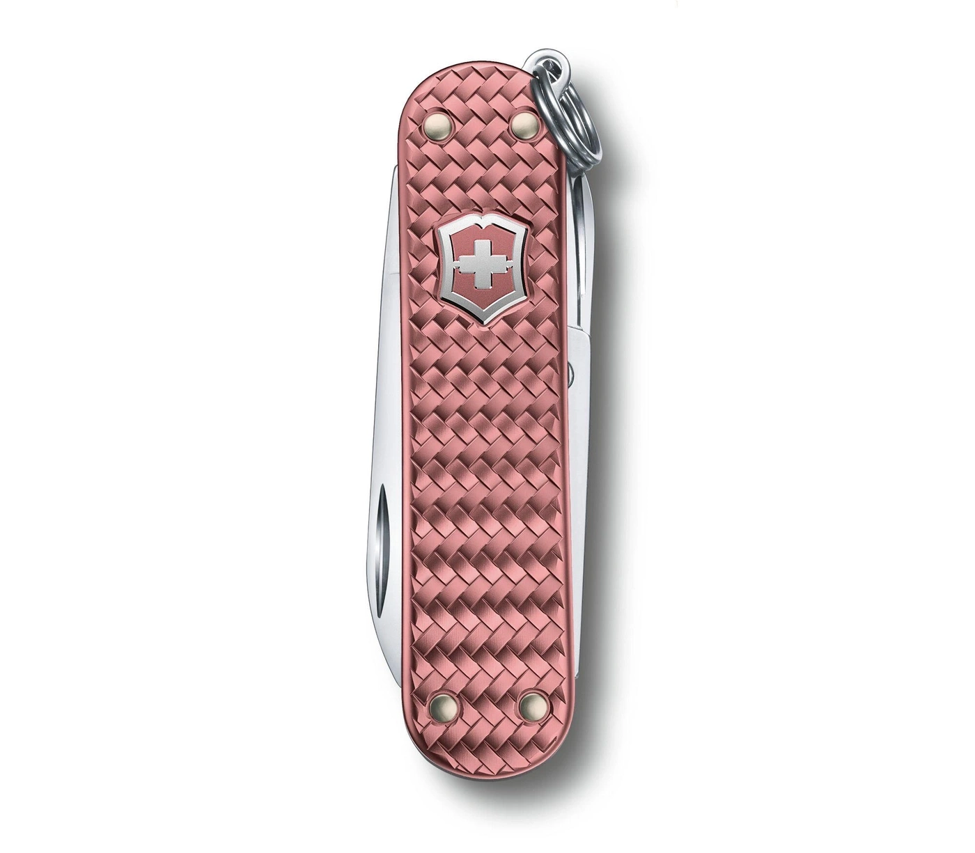 Rosa Schweizer Taschenmesser mit geflochtener Textur und silbernen Details