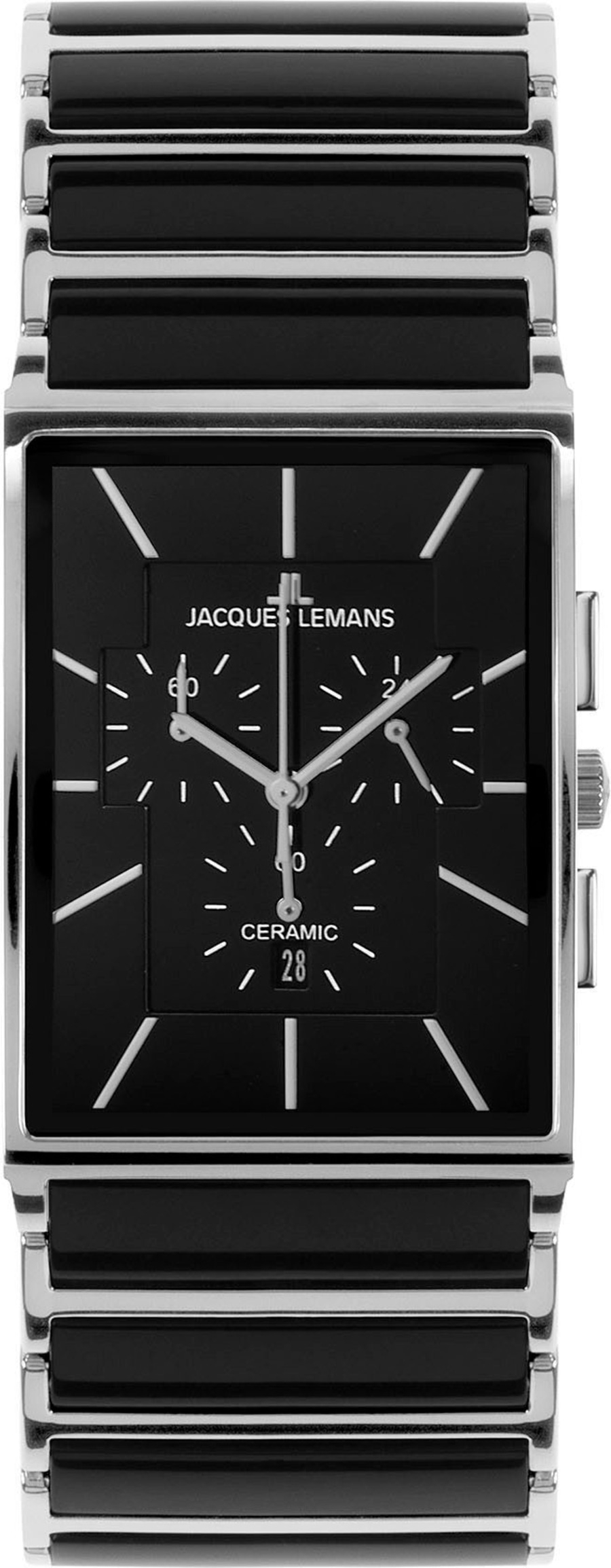 Eine schwarze Herrenuhr mit silbernem Armband und rechteckigem Zifferblatt.