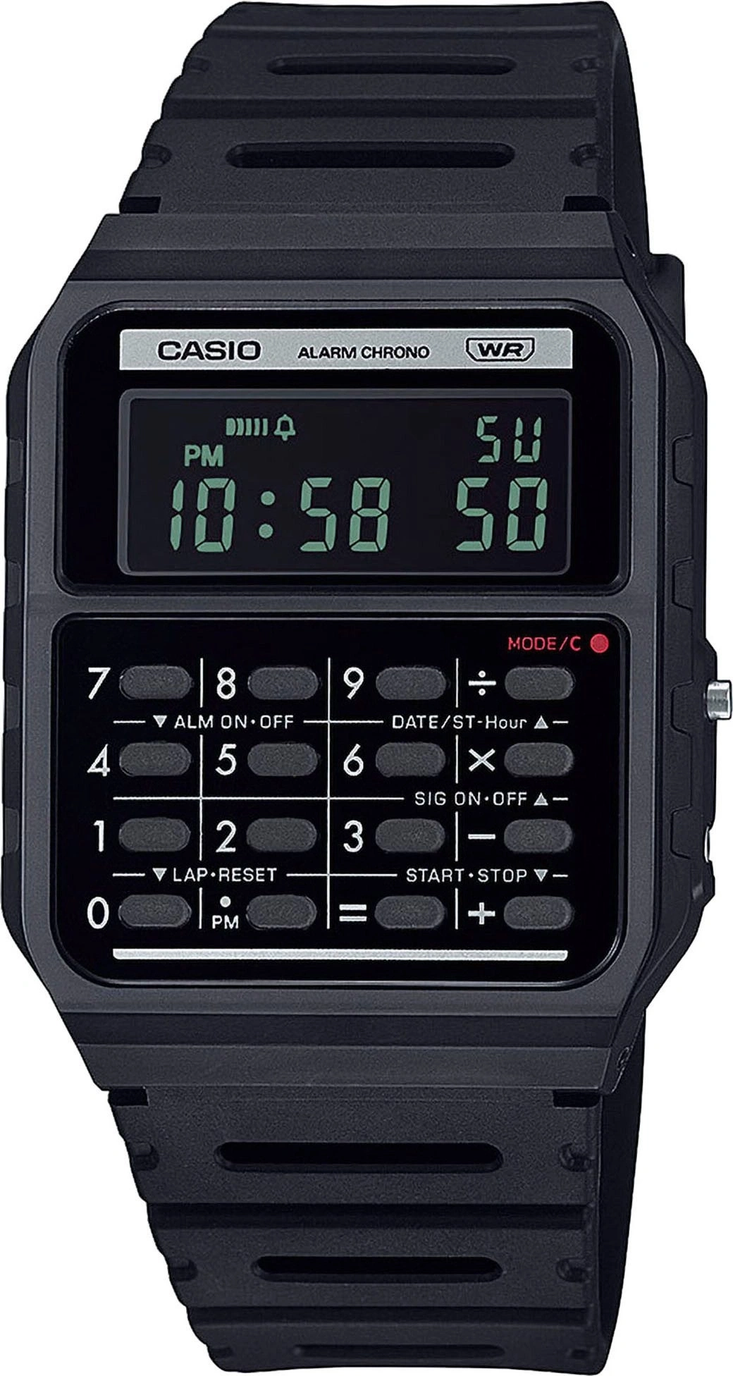 Eine schwarze Casio-Digitaluhr mit Alarm und Stoppuhr-Funktionen.