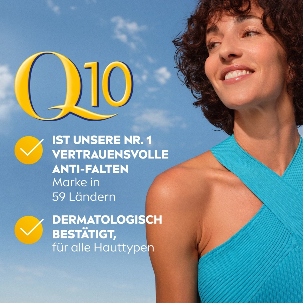 Frau mit Q10 Anti-Falten Marke, dermatologisch bestätigt für alle Hauttypen.