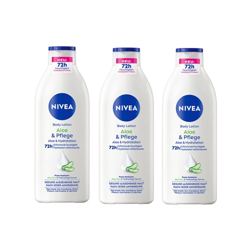 NIVEA Body Aloe & Pflege Lotion 3 x 400ml Hyaluron, Aloe Vera & Tiefenpflege