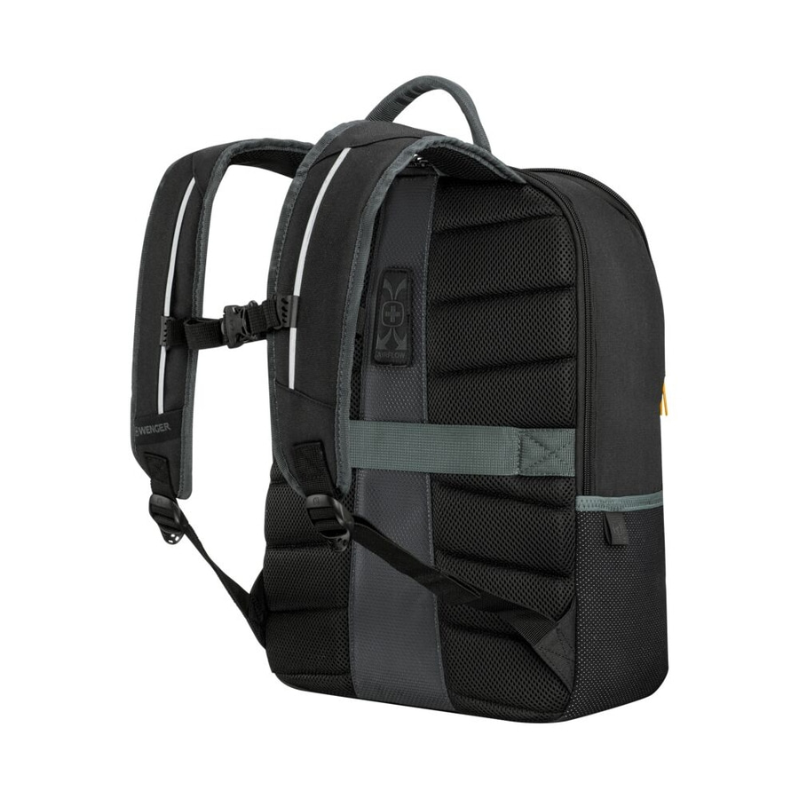 Schwarzer Rucksack mit Airflow-System, Wenger-Logo, Tragegriff und gepolsterten Trägern